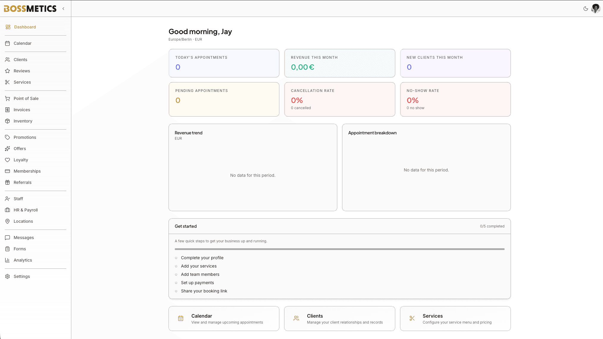 Bossmetics dashboard showing appointments, revenue, and client management